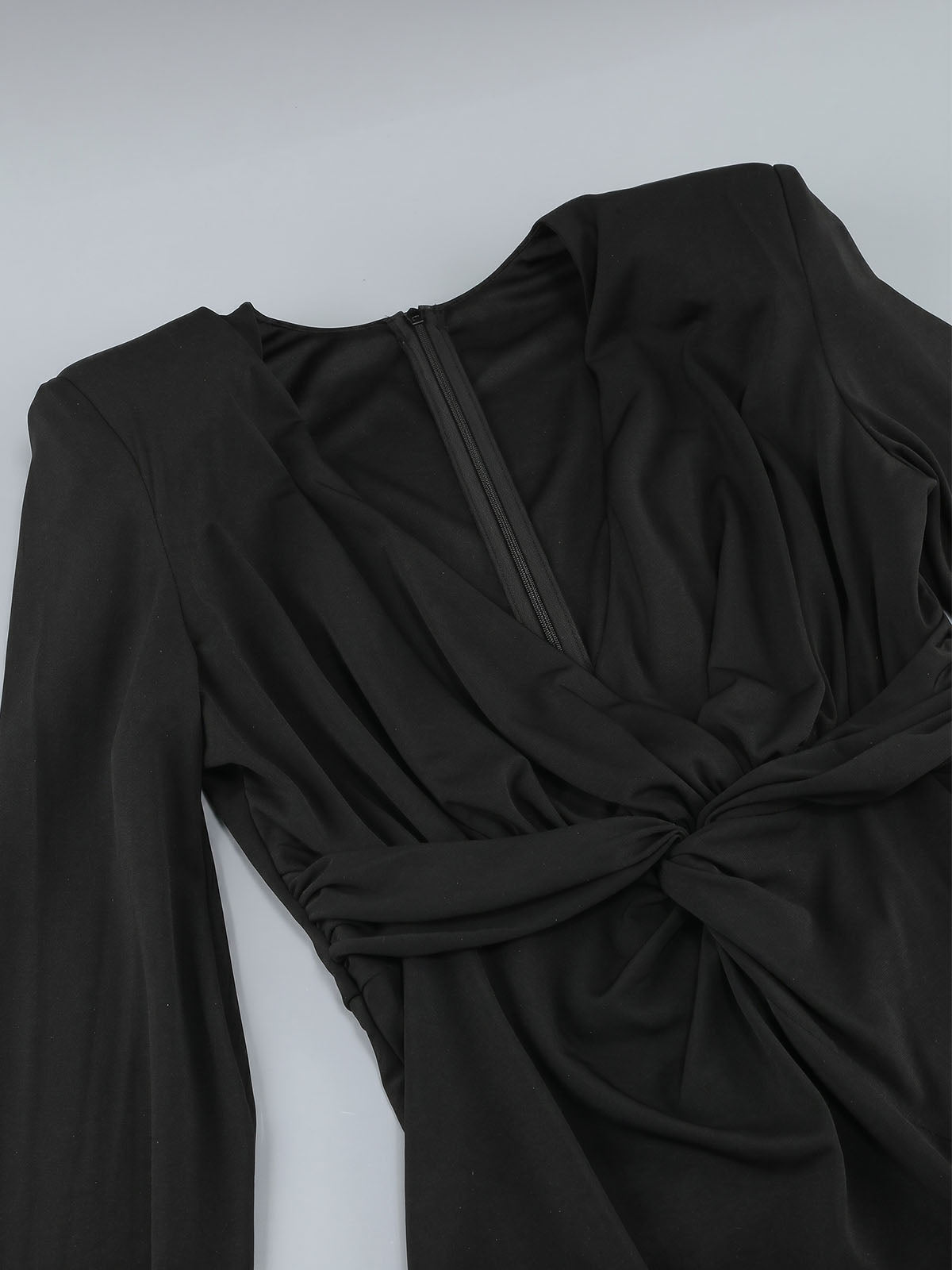 Sparkly Crystal Fringe Deep V Twist Long Sleeve Formal Maxi Dress - Black