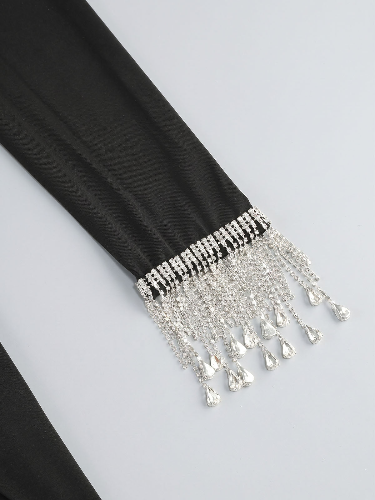 Sparkly Crystal Fringe Deep V Twist Long Sleeve Formal Maxi Dress - Black
