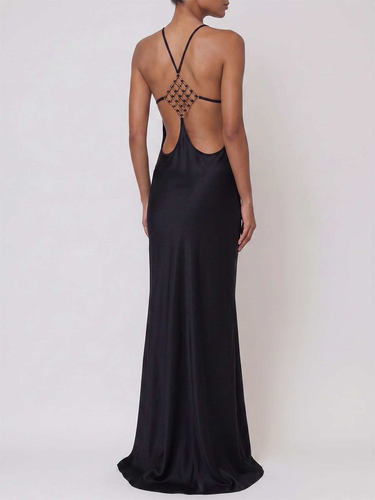 Sparkly Crystal Lattice Back High Neck Satin Maxi Dress - Black