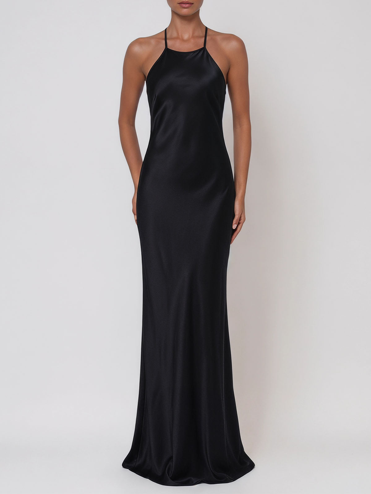 Sparkly Crystal Lattice Back High Neck Satin Maxi Dress - Black