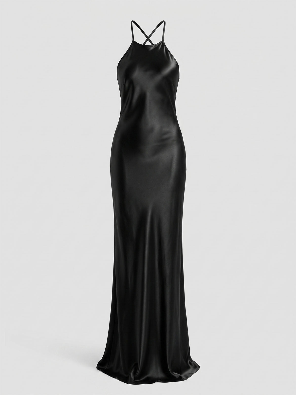 Sparkly Crystal Lattice Back High Neck Satin Maxi Dress - Black