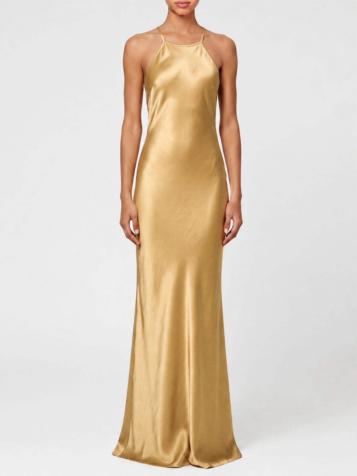Sparkly Crystal Lattice Back High Neck Satin Maxi Dress - Champagne