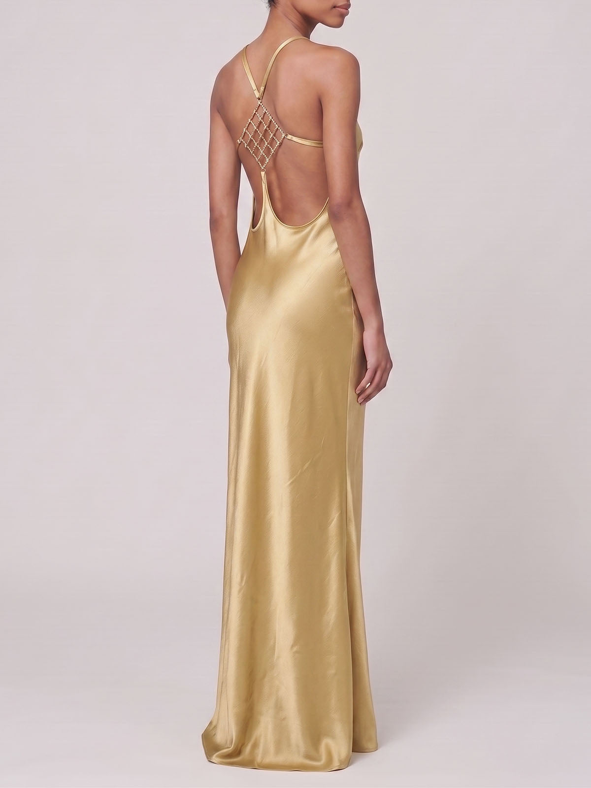 Sparkly Crystal Lattice Back High Neck Satin Maxi Dress - Champagne