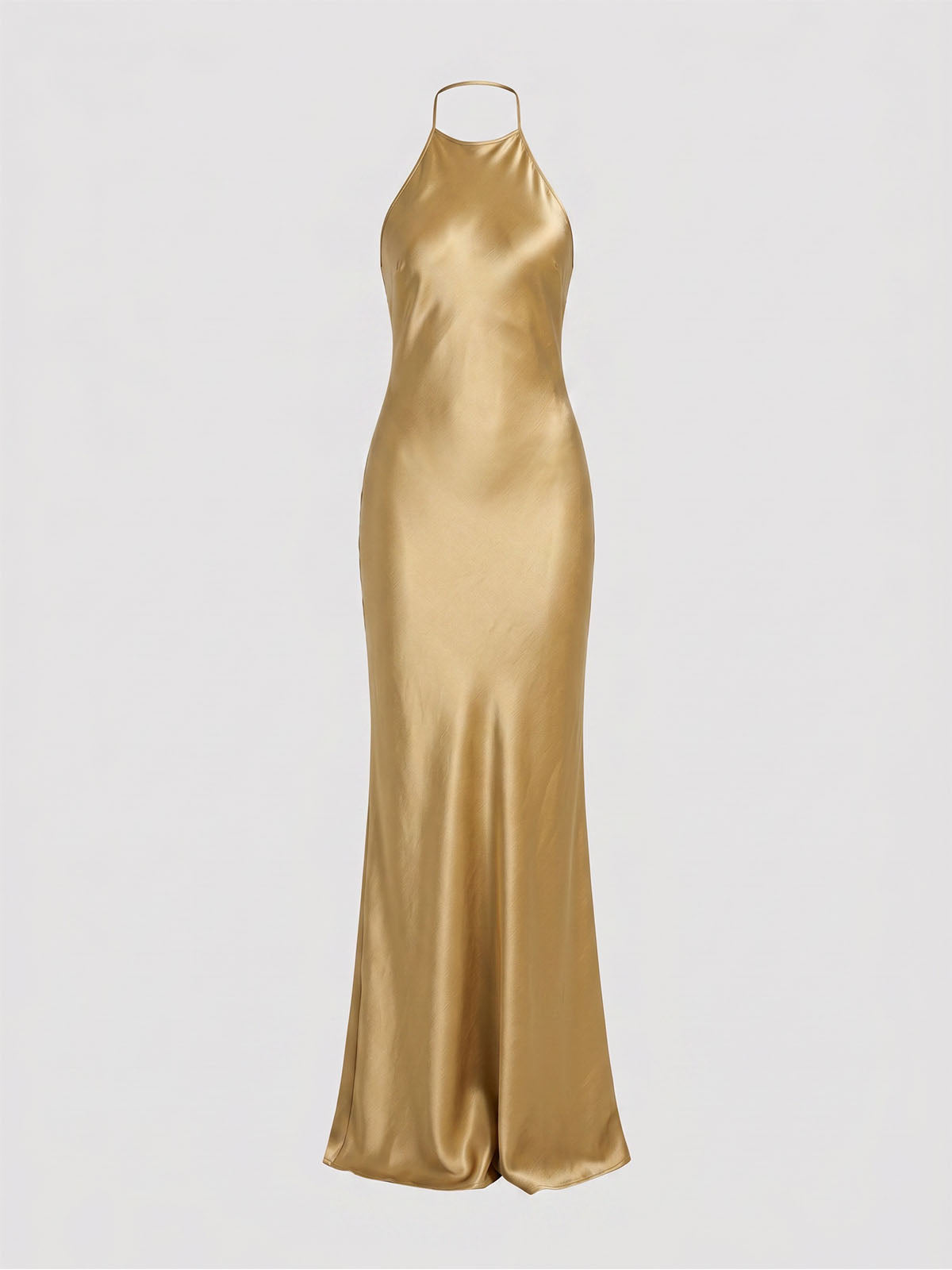Sparkly Crystal Lattice Back High Neck Satin Maxi Dress - Champagne