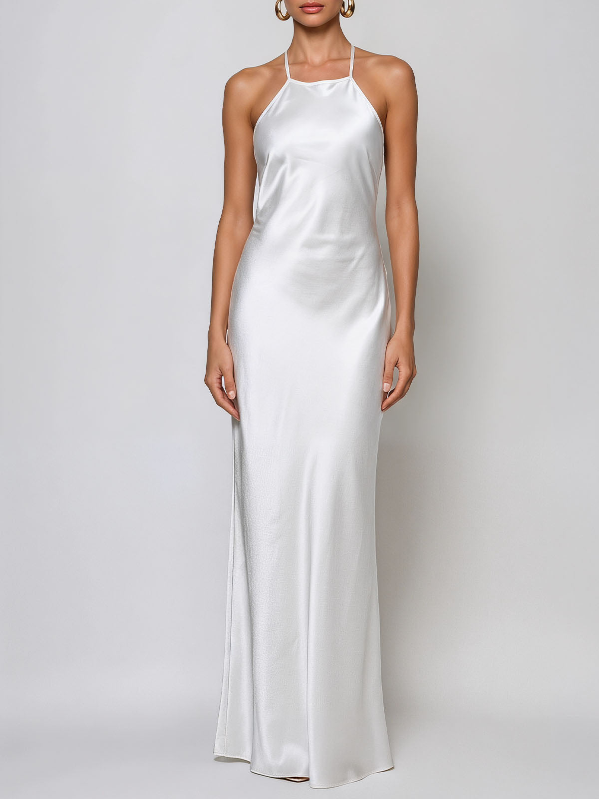 Sparkly Crystal Lattice Back High Neck Satin Maxi Dress - White