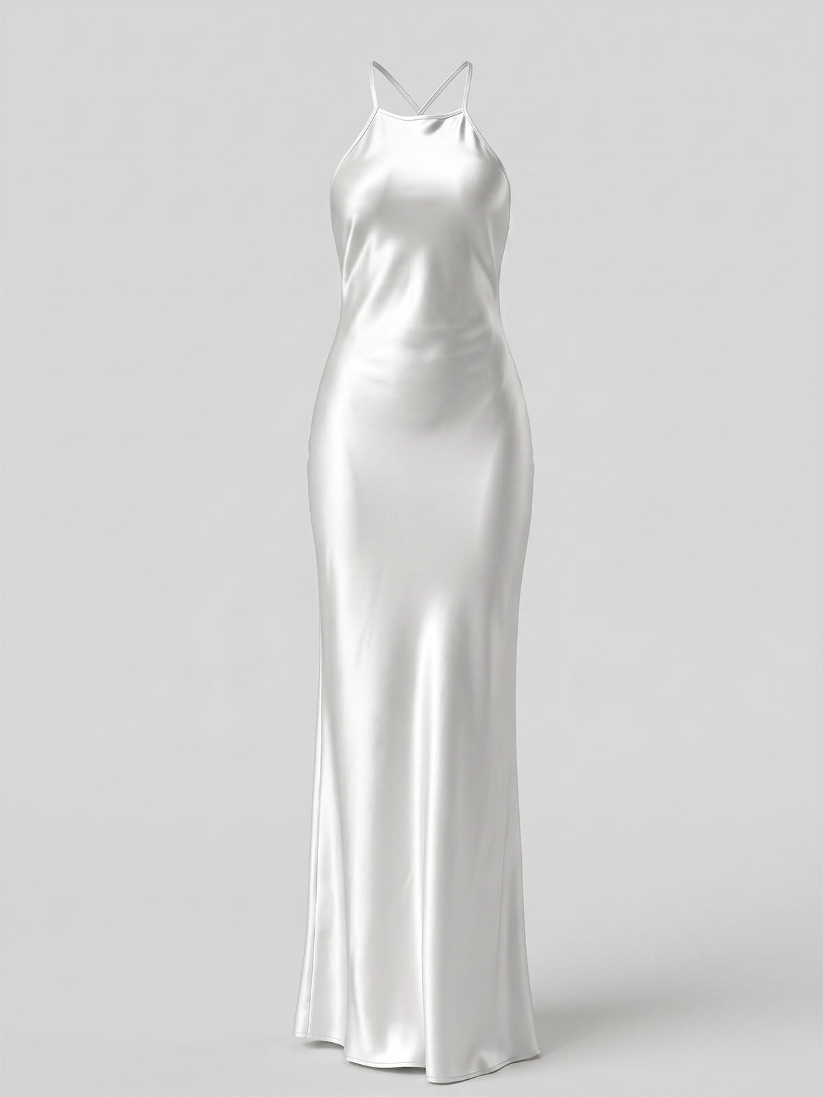 Sparkly Crystal Lattice Back High Neck Satin Maxi Dress - White