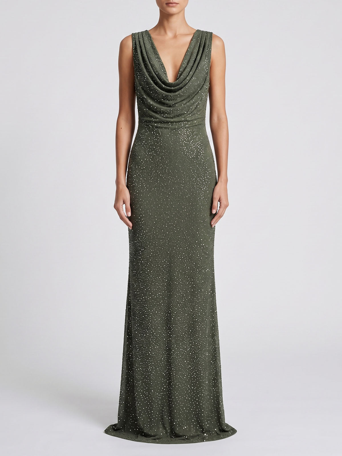 Sparkly Crystal Mesh Sleeveless Cowl Neck Formal Maxi Dress - Dark Green