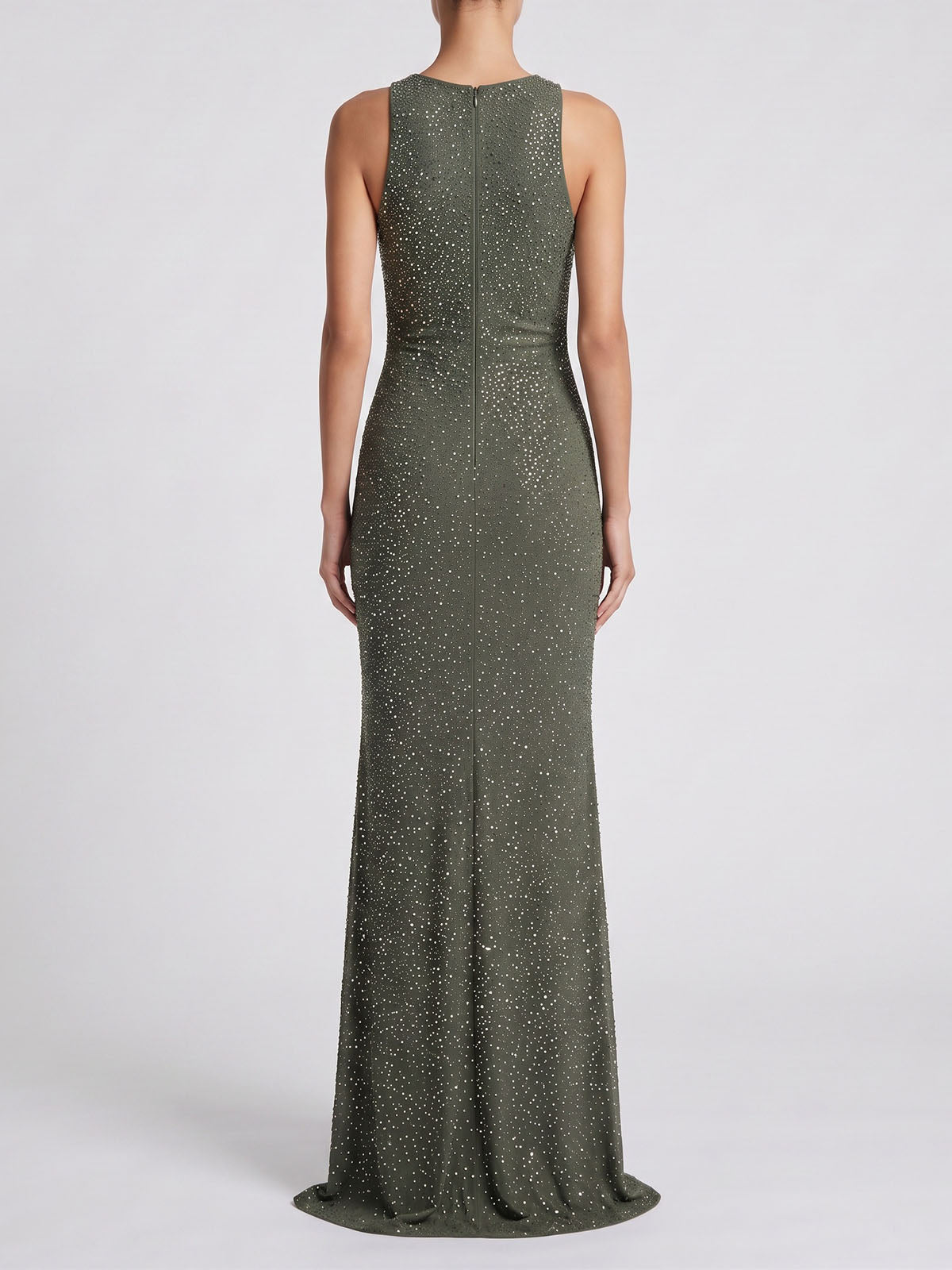Sparkly Crystal Mesh Sleeveless Cowl Neck Formal Maxi Dress - Dark Green