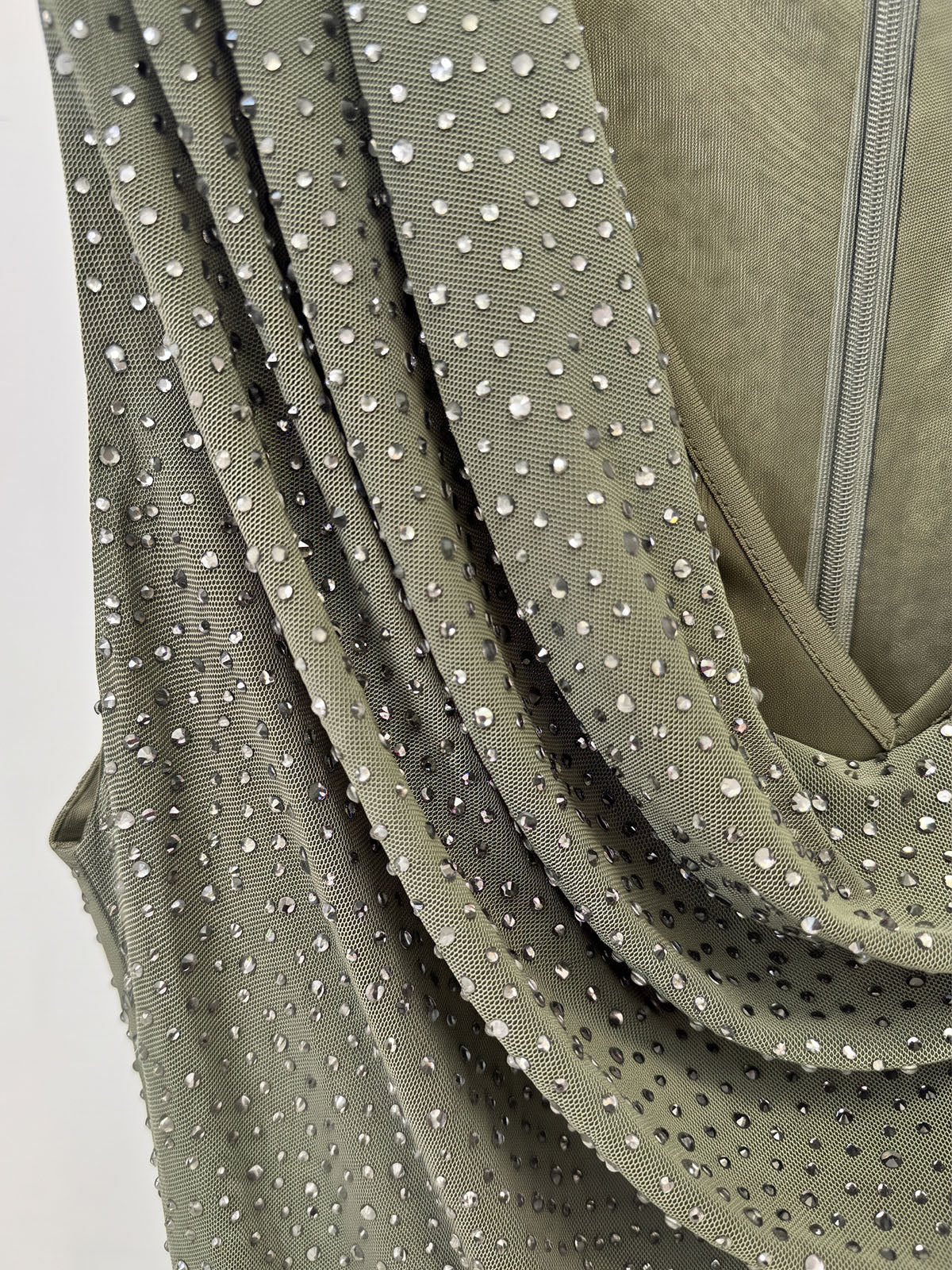 Sparkly Crystal Mesh Sleeveless Cowl Neck Formal Maxi Dress - Dark Green