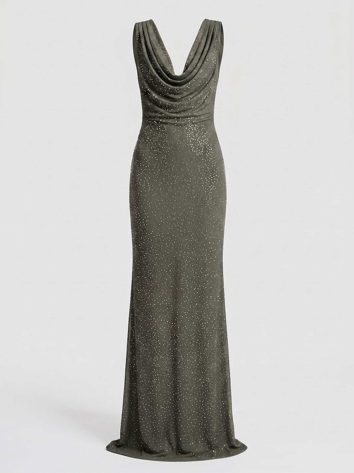 Sparkly Crystal Mesh Sleeveless Cowl Neck Formal Maxi Dress - Dark Green