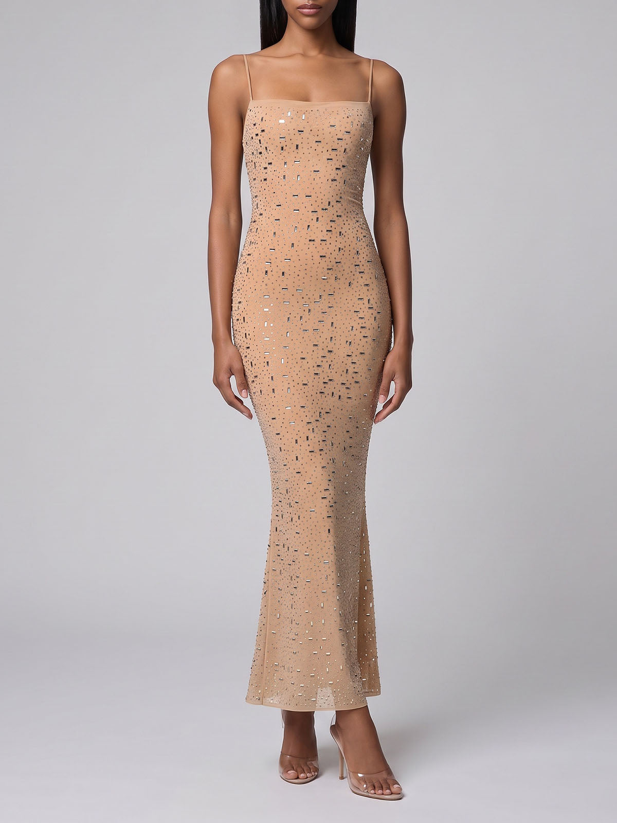 Sparkly Crystal Mesh Spaghetti Strap Mermaid Formal Maxi Dress - Nude