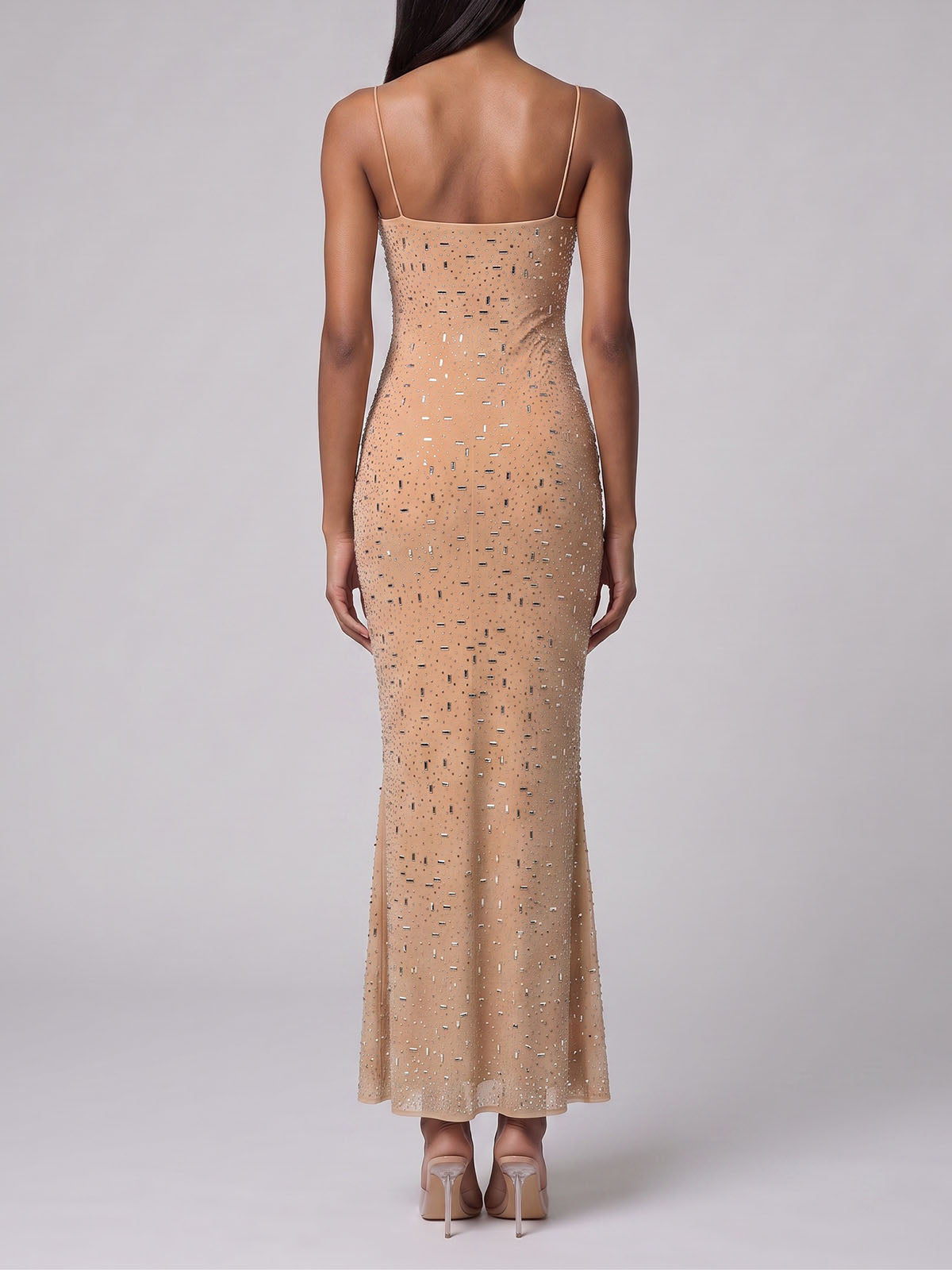 Sparkly Crystal Mesh Spaghetti Strap Mermaid Formal Maxi Dress - Nude