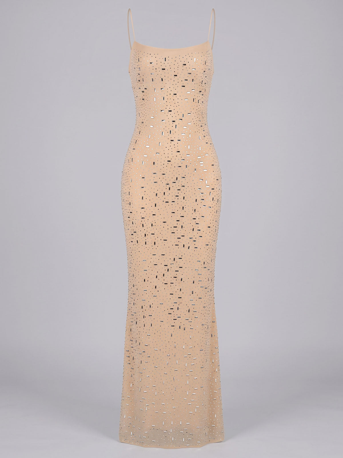 Sparkly Crystal Mesh Spaghetti Strap Mermaid Formal Maxi Dress - Nude