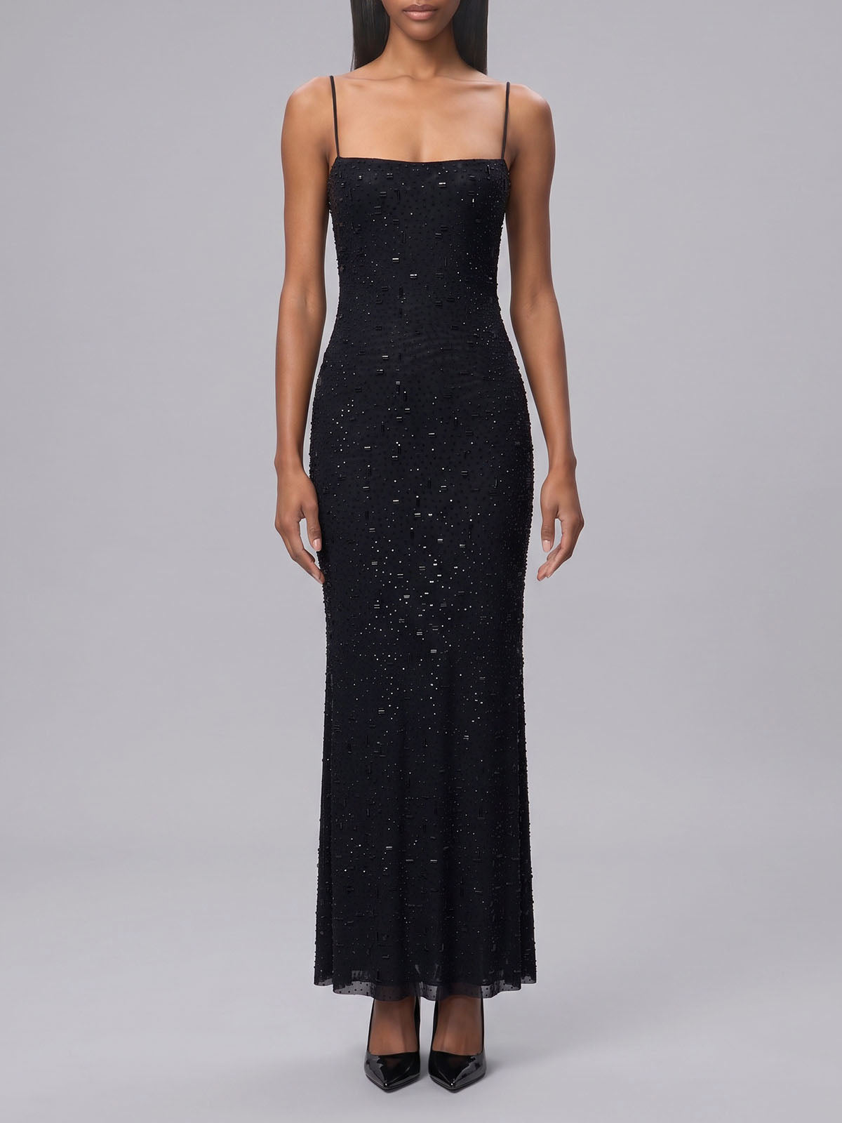 Sparkly Crystal Mesh Spaghetti Strap Mermaid Formal Maxi Dress - Black