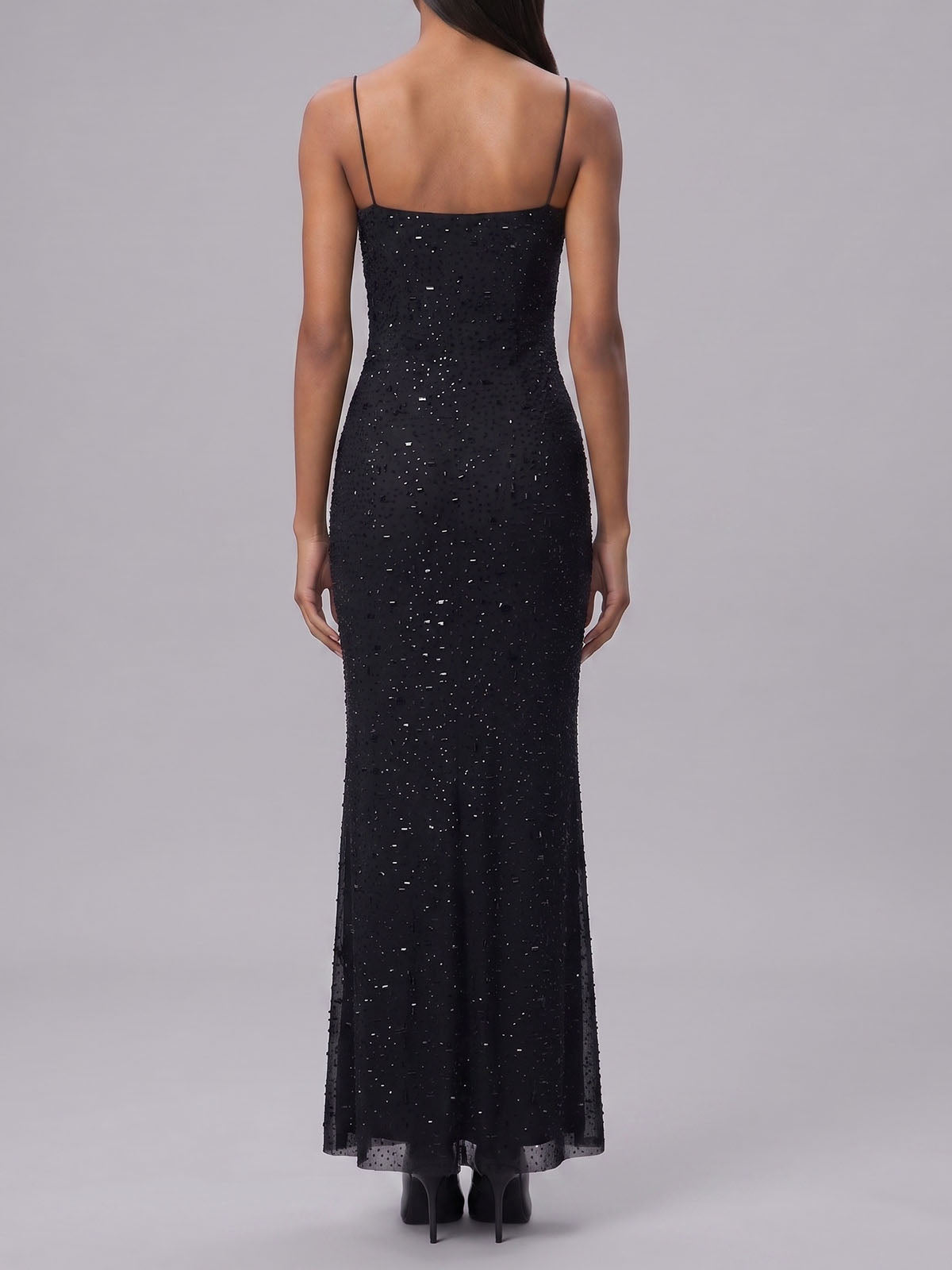 Sparkly Crystal Mesh Spaghetti Strap Mermaid Formal Maxi Dress - Black