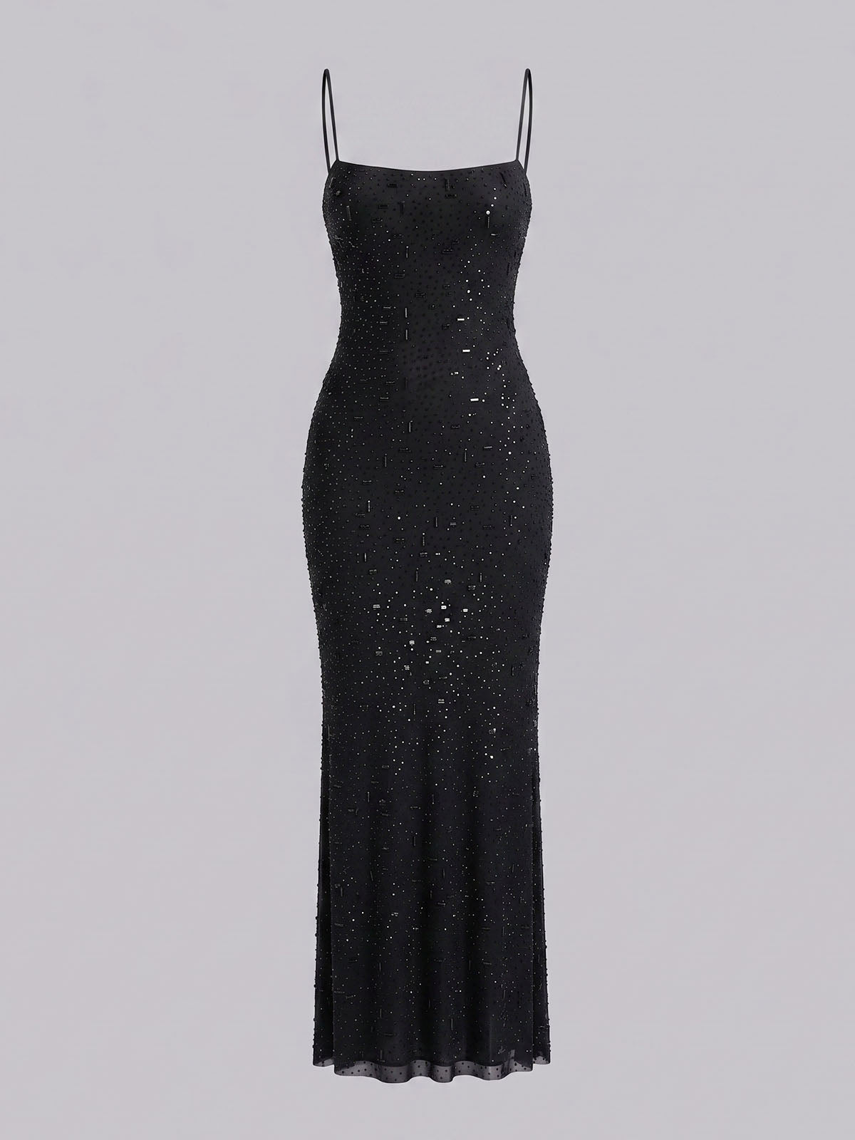 Sparkly Crystal Mesh Spaghetti Strap Mermaid Formal Maxi Dress - Black
