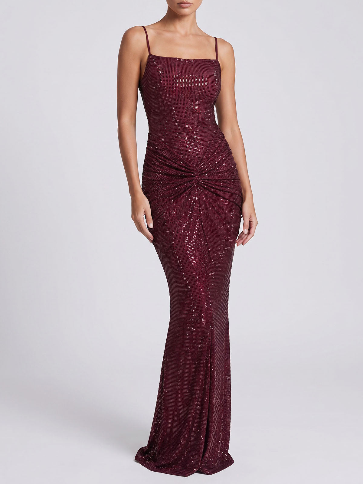 Sparkly Crystal Ruched Mesh Mermaid Formal Slip Maxi Dress - Burgundy