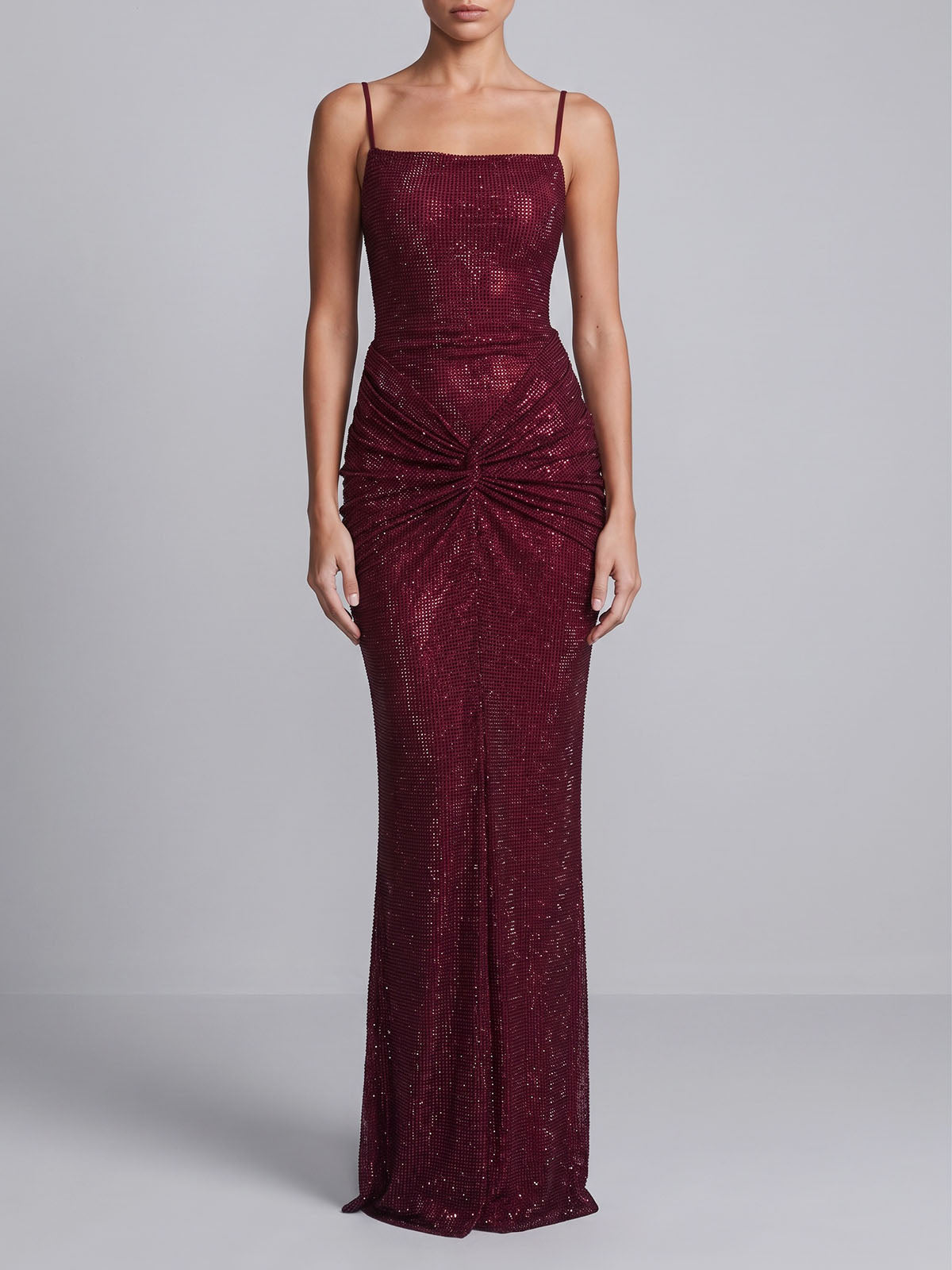 Sparkly Crystal Ruched Mesh Mermaid Formal Slip Maxi Dress - Burgundy