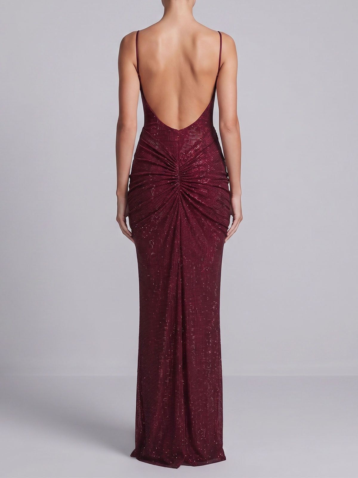 Sparkly Crystal Ruched Mesh Mermaid Formal Slip Maxi Dress - Burgundy