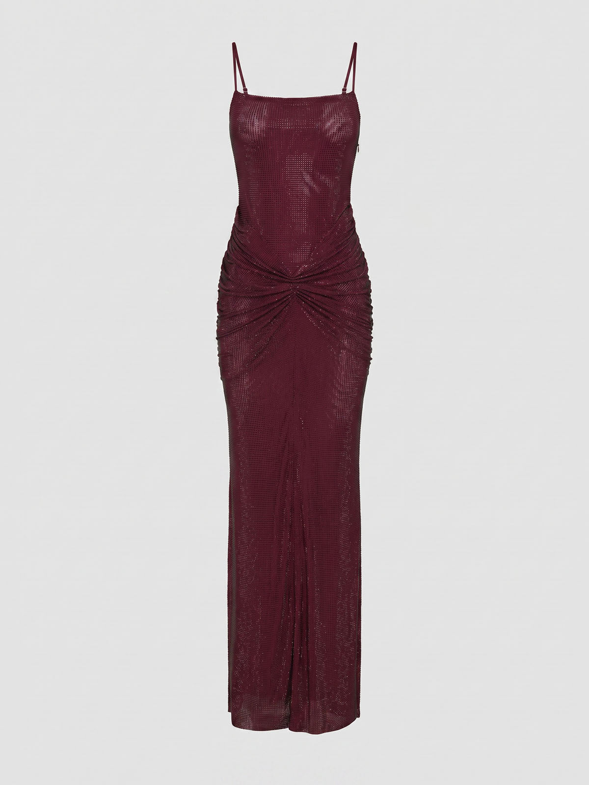 Sparkly Crystal Ruched Mesh Mermaid Formal Slip Maxi Dress - Burgundy