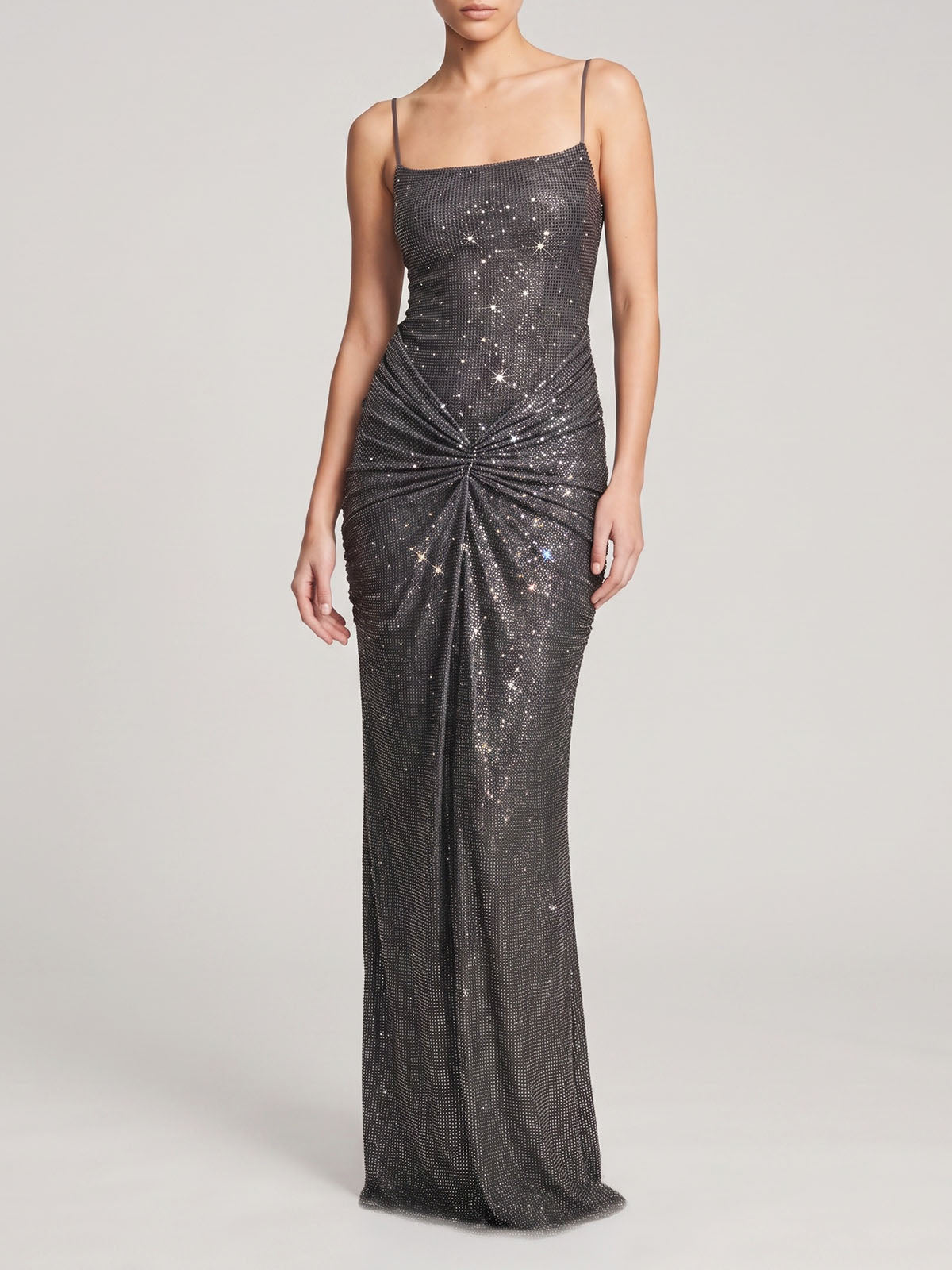 Sparkly Crystal Ruched Mesh Mermaid Formal Slip Maxi Dress - Charcoal