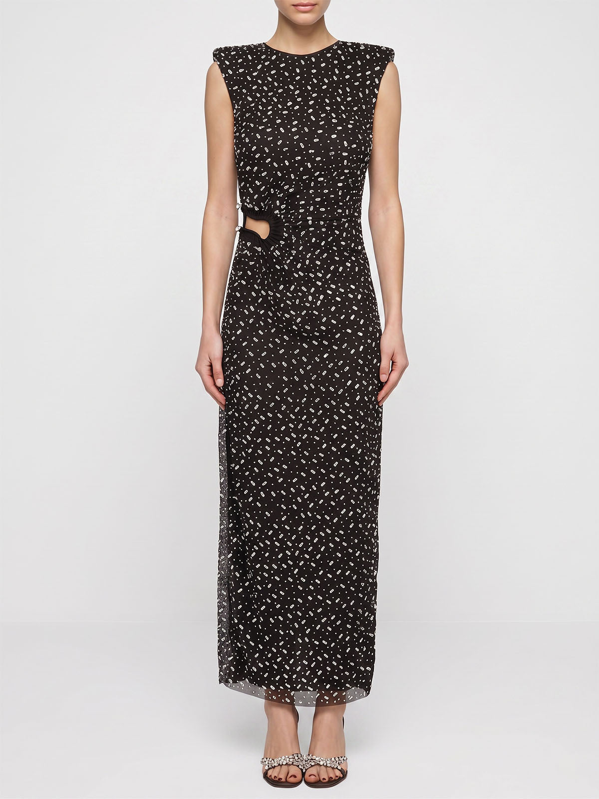 Sparkly Crystal Sleeveless Cutout Trim Mesh Formal Maxi Dress - Black