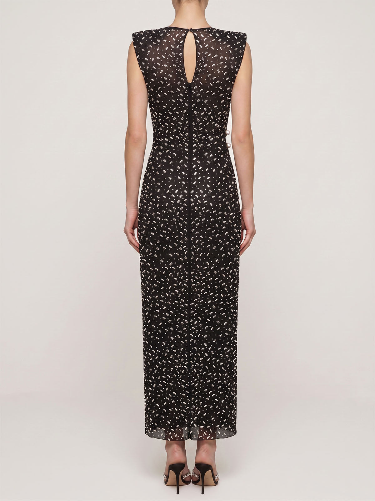 Sparkly Crystal Sleeveless Cutout Trim Mesh Formal Maxi Dress - Black