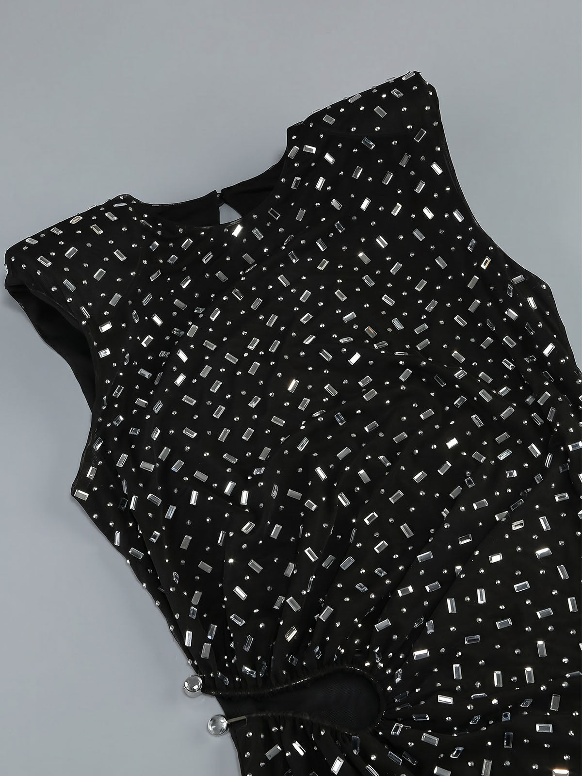 Sparkly Crystal Sleeveless Cutout Trim Mesh Formal Maxi Dress - Black