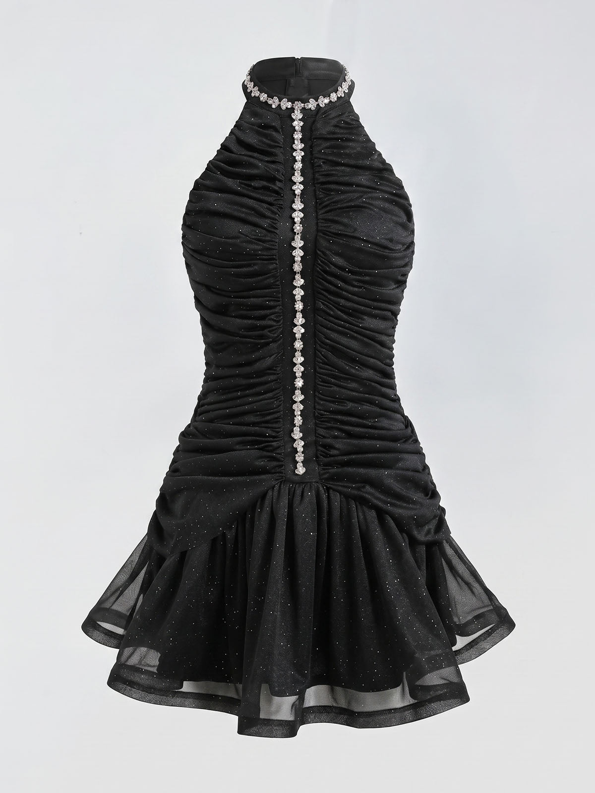 Sparkly Crystal Sleeveless Ruched Ruffle Homecoming Mini Dress - Black