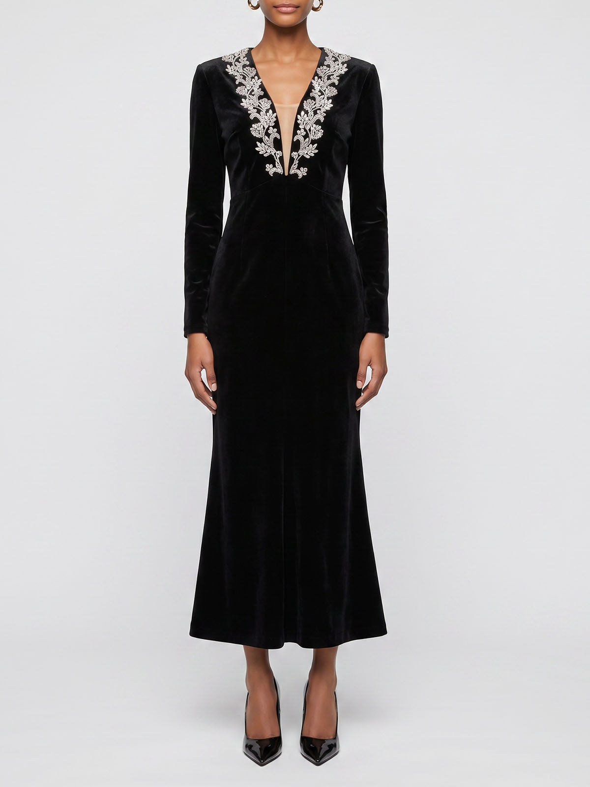 Sparkly Crystal Velvet Fishtail Semi Formal Cocktail Midi Dress - Black