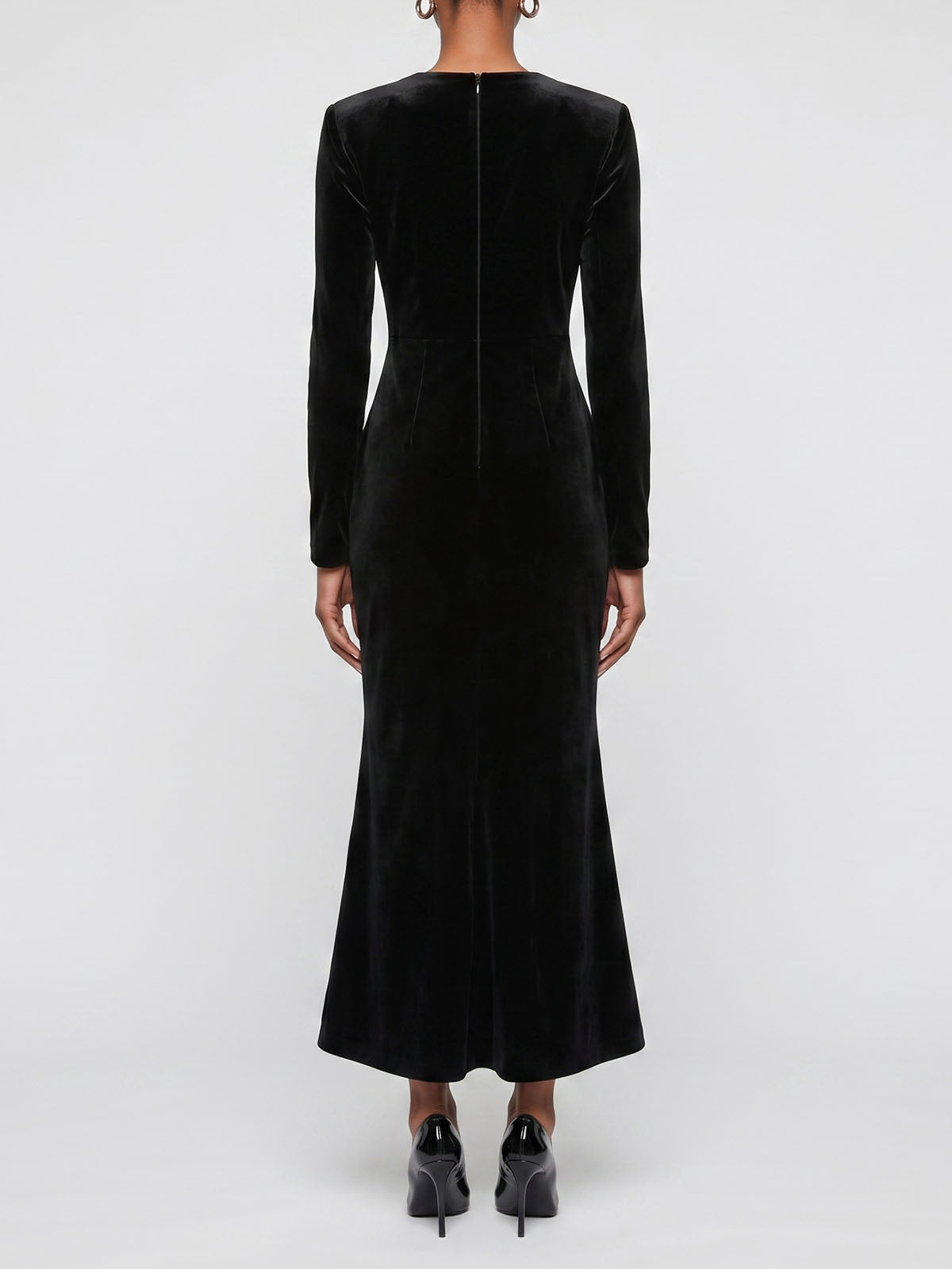 Sparkly Crystal Velvet Fishtail Semi Formal Cocktail Midi Dress - Black