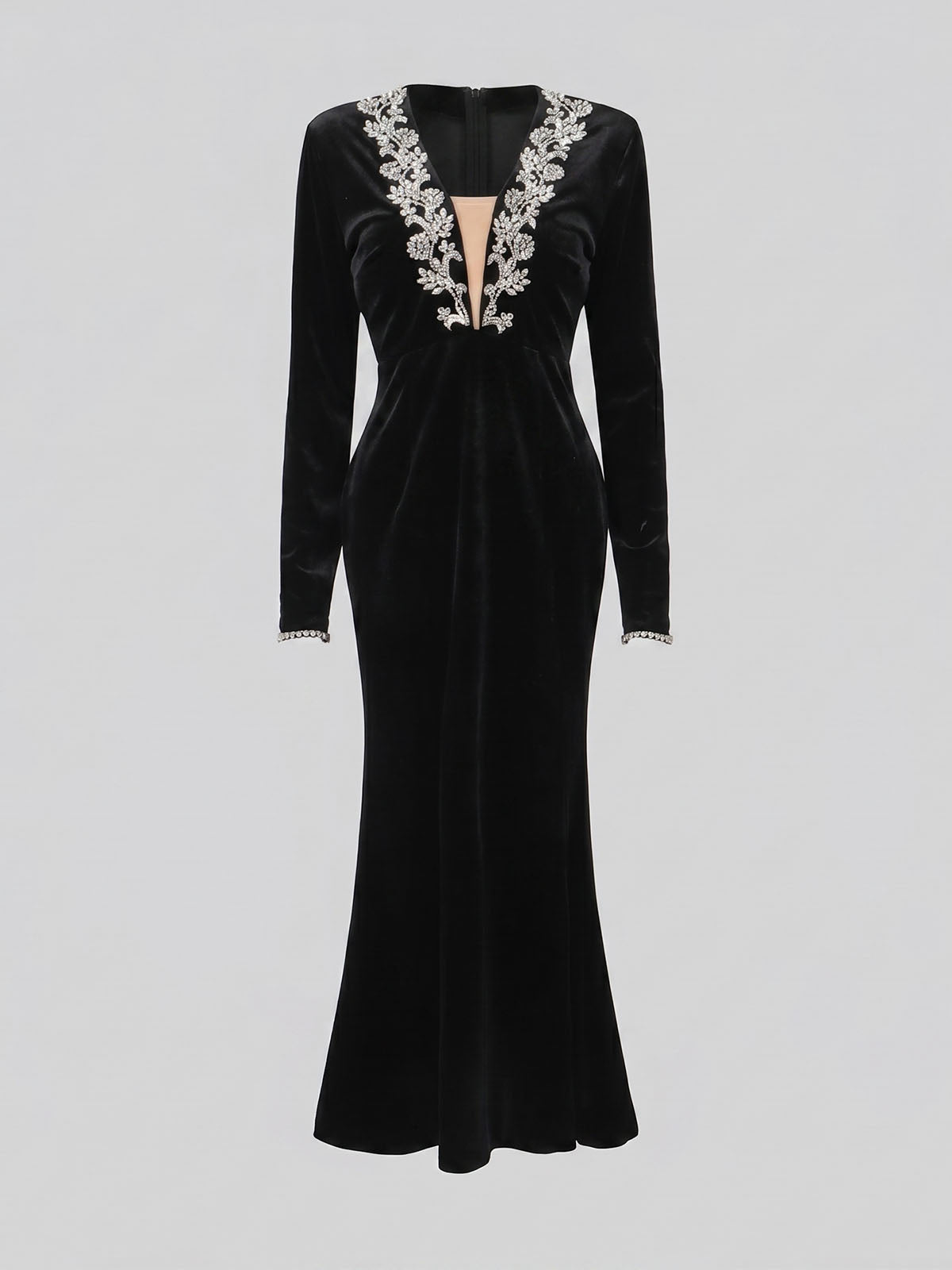 Sparkly Crystal Velvet Fishtail Semi Formal Cocktail Midi Dress - Black