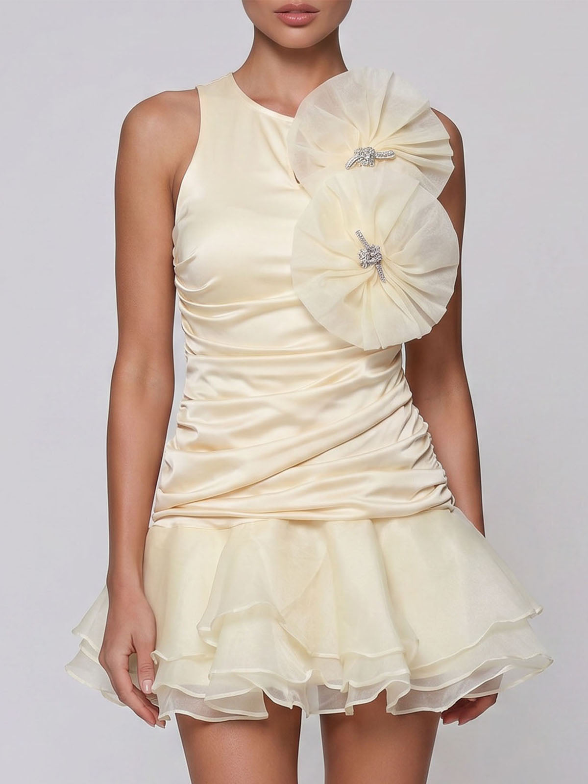 Sparkly Flower Ruched Sleeveless Tiered Ruffle Mini Dress - Champagne