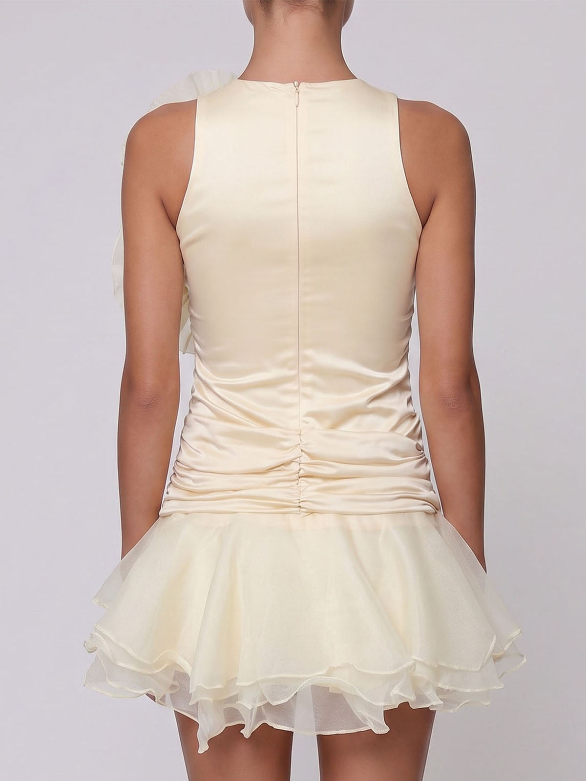 Sparkly Flower Ruched Sleeveless Tiered Ruffle Mini Dress - Champagne