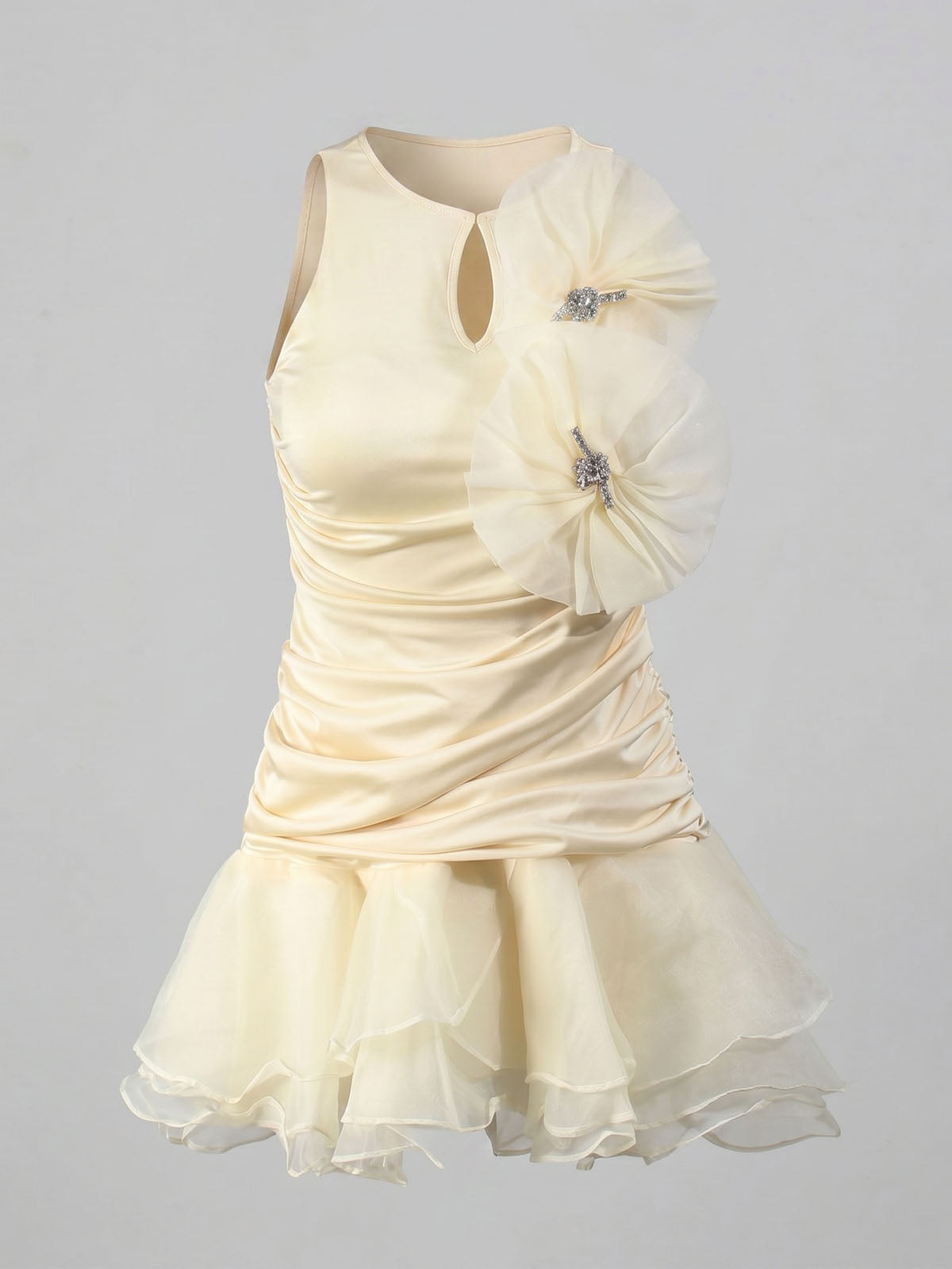 Sparkly Flower Ruched Sleeveless Tiered Ruffle Mini Dress - Champagne