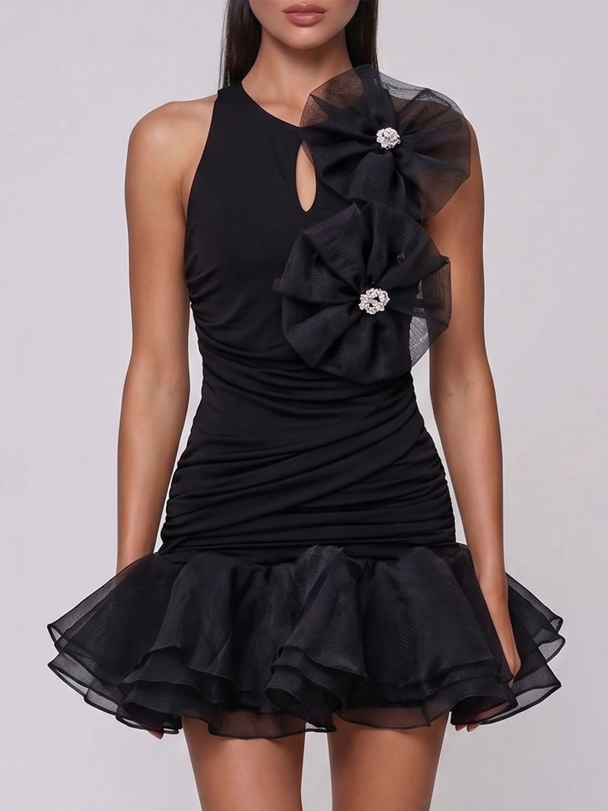 Sparkly Flower Ruched Sleeveless Tiered Ruffle Mini Dress - Black