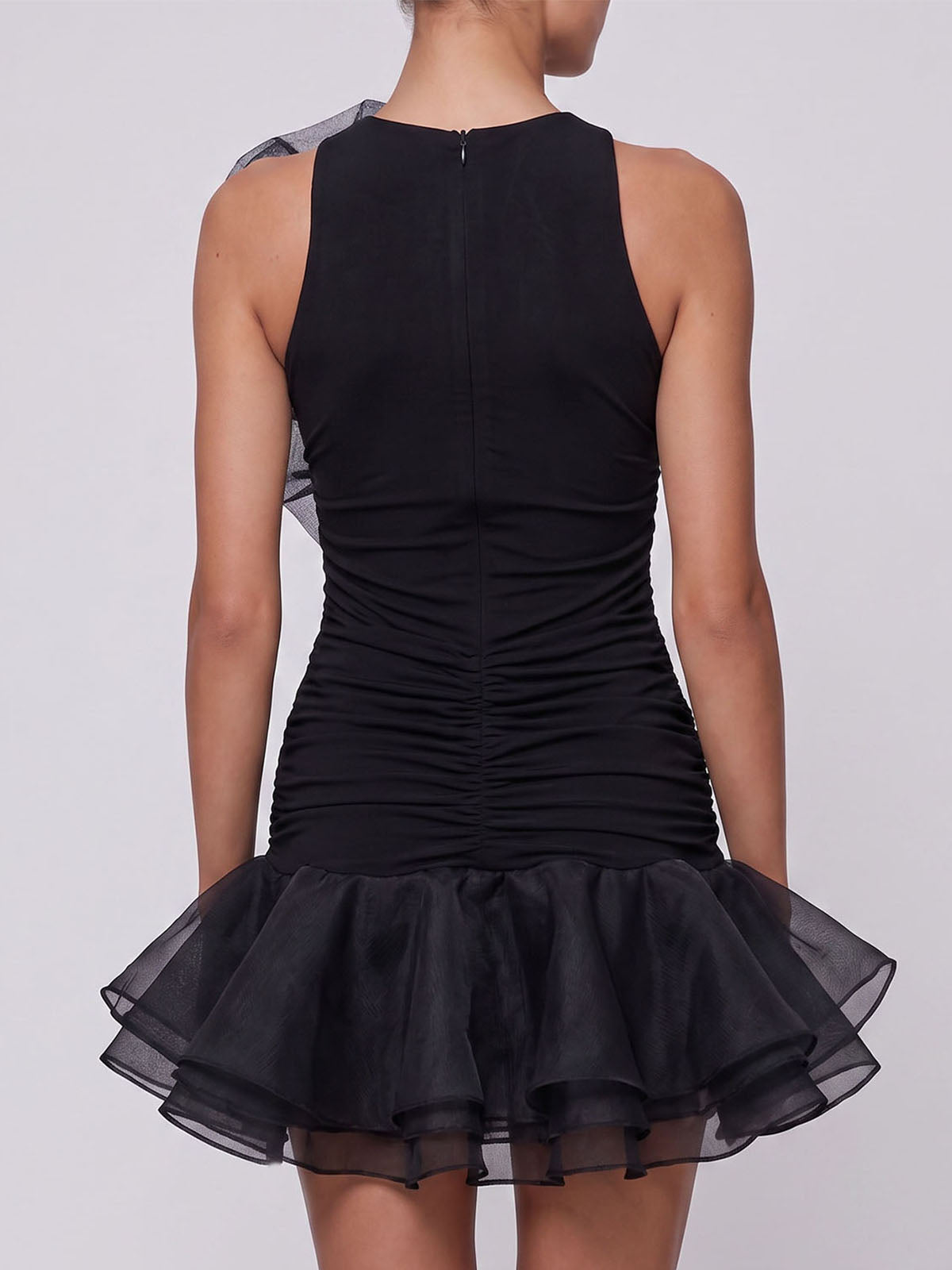 Sparkly Flower Ruched Sleeveless Tiered Ruffle Mini Dress - Black