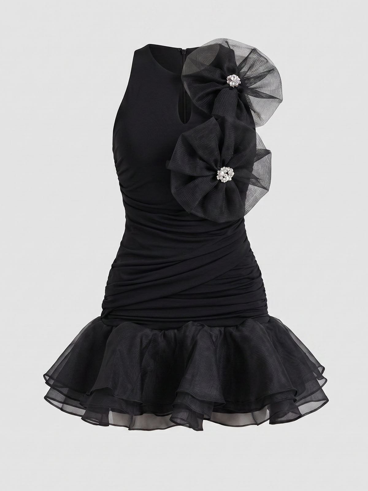Sparkly Flower Ruched Sleeveless Tiered Ruffle Mini Dress - Black