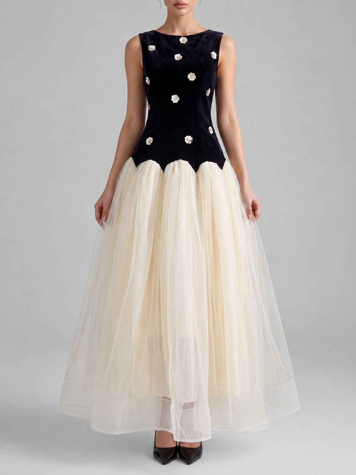 Sparkly Flower Velvet Tulle Semi Formal Cocktail Maxi Dress - Black