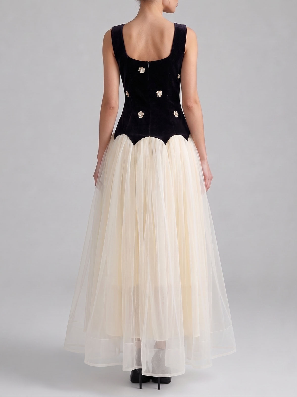 Sparkly Flower Velvet Tulle Semi Formal Cocktail Maxi Dress - Black