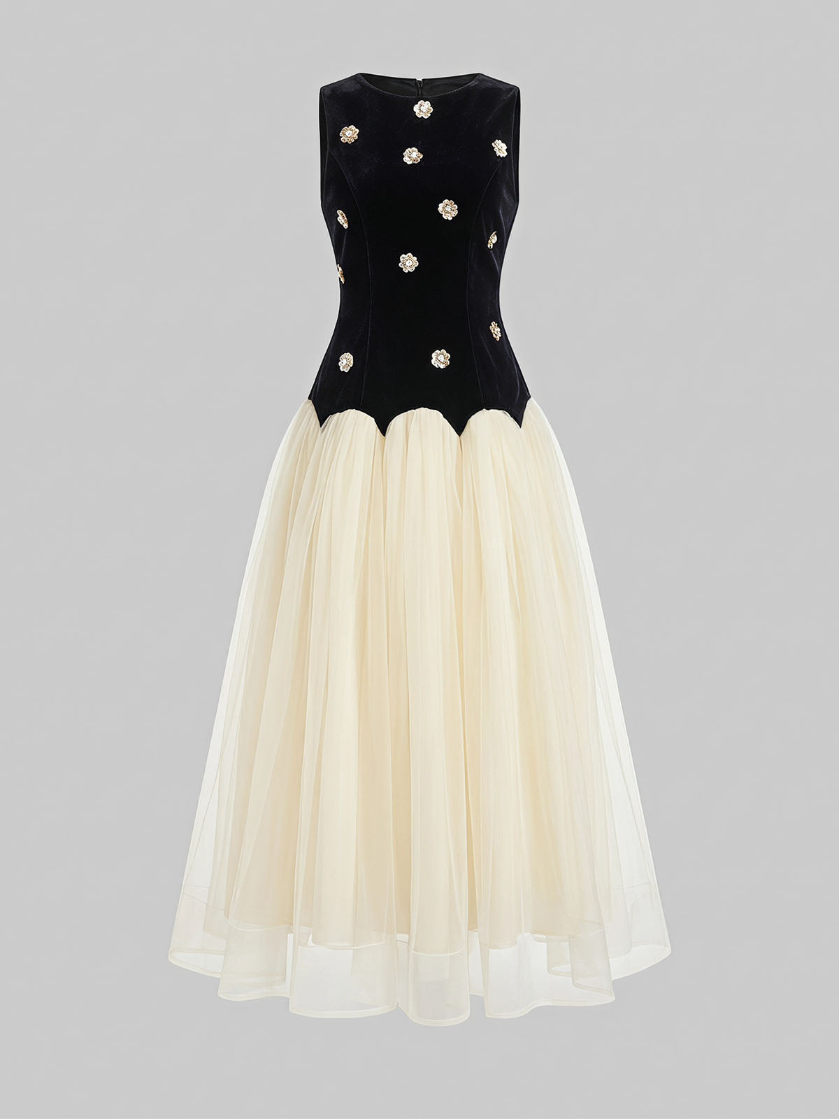 Sparkly Flower Velvet Tulle Semi Formal Cocktail Maxi Dress - Black