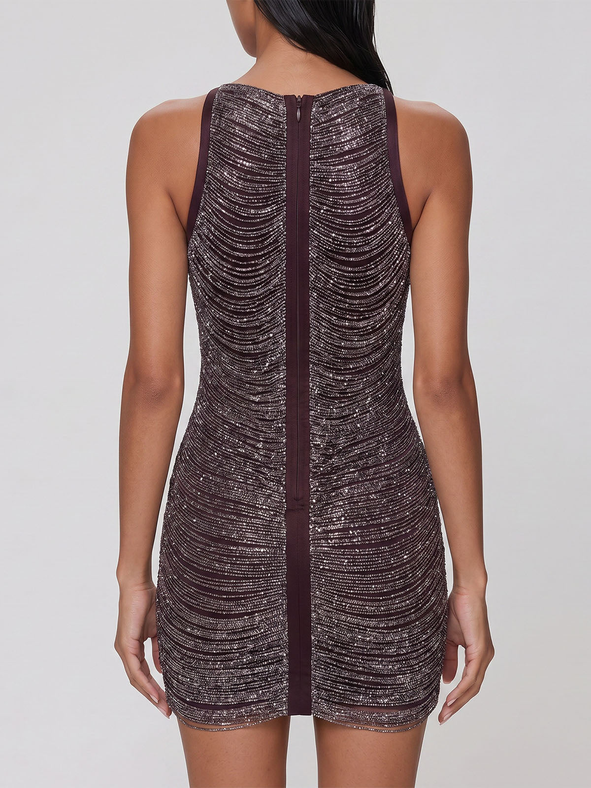 Sparkly Lurex Boat Neck Sleeveless Bandage Fringe Mini Dress - Coffee