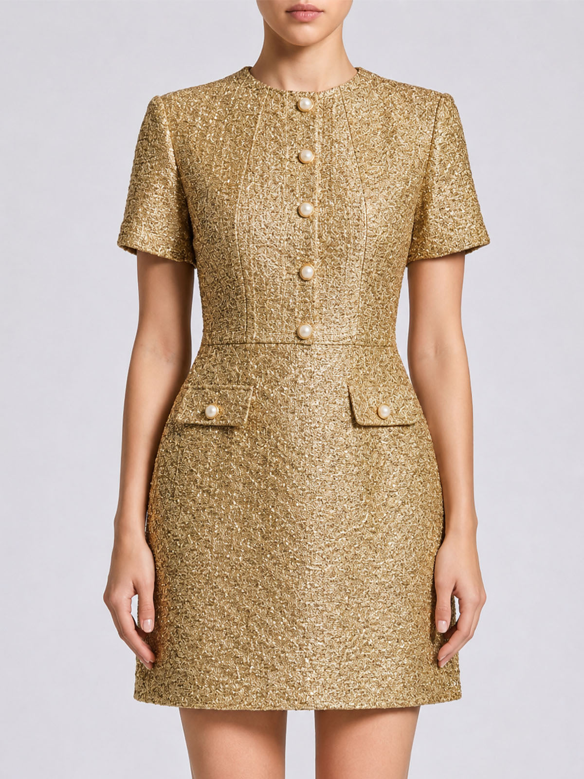 Sparkly Lurex Crew Neck Short Sleeve Tweed Party Mini Dress - Gold