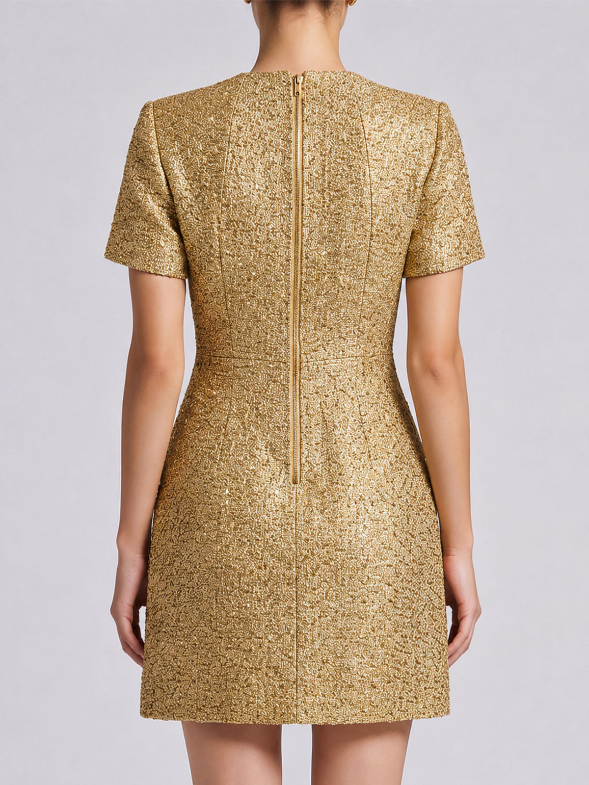 Sparkly Lurex Crew Neck Short Sleeve Tweed Party Mini Dress - Gold