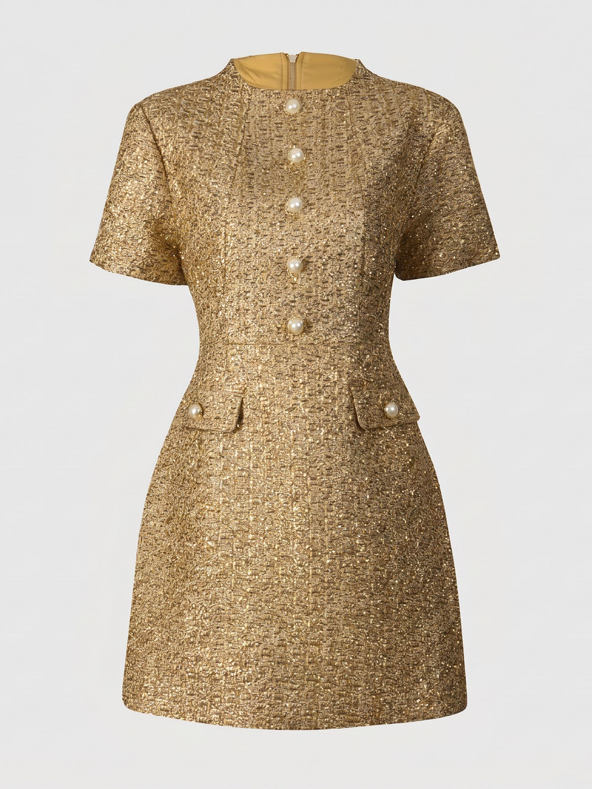 Sparkly Lurex Crew Neck Short Sleeve Tweed Party Mini Dress - Gold