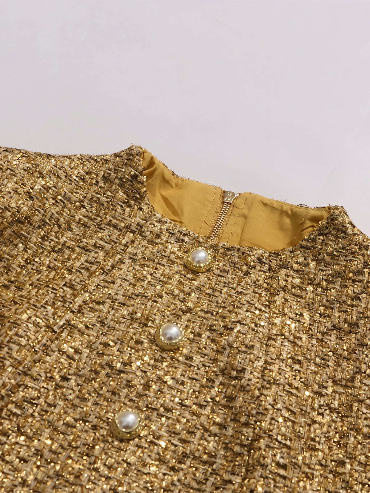 Sparkly Lurex Crew Neck Short Sleeve Tweed Party Mini Dress - Gold