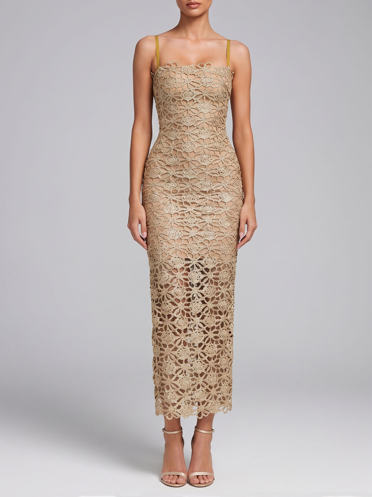 Sparkly Lurex Cutwork Floral Crochet Cocktail Midi Dress - Champagne