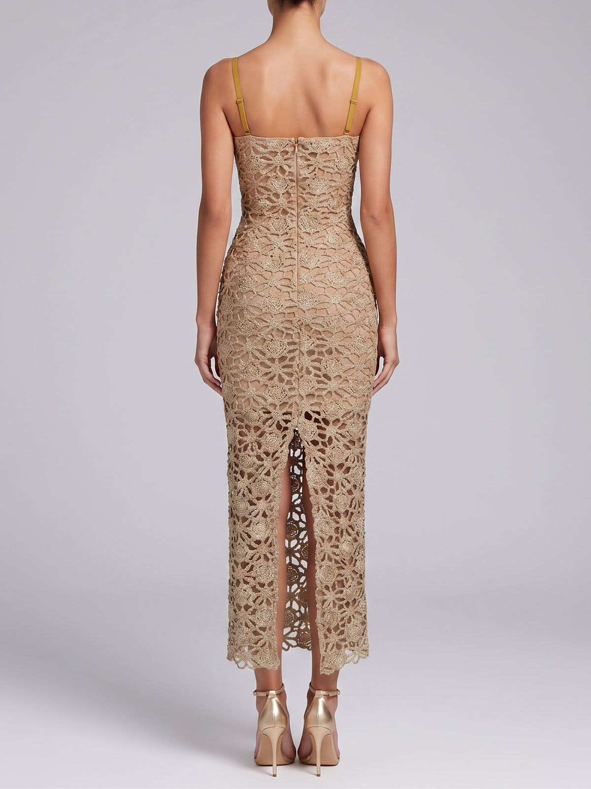 Sparkly Lurex Cutwork Floral Crochet Cocktail Midi Dress - Champagne