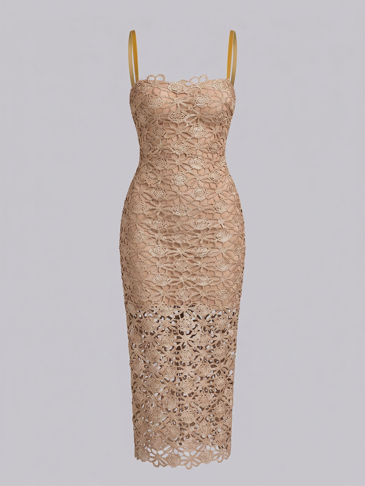 Sparkly Lurex Cutwork Floral Crochet Cocktail Midi Dress - Champagne
