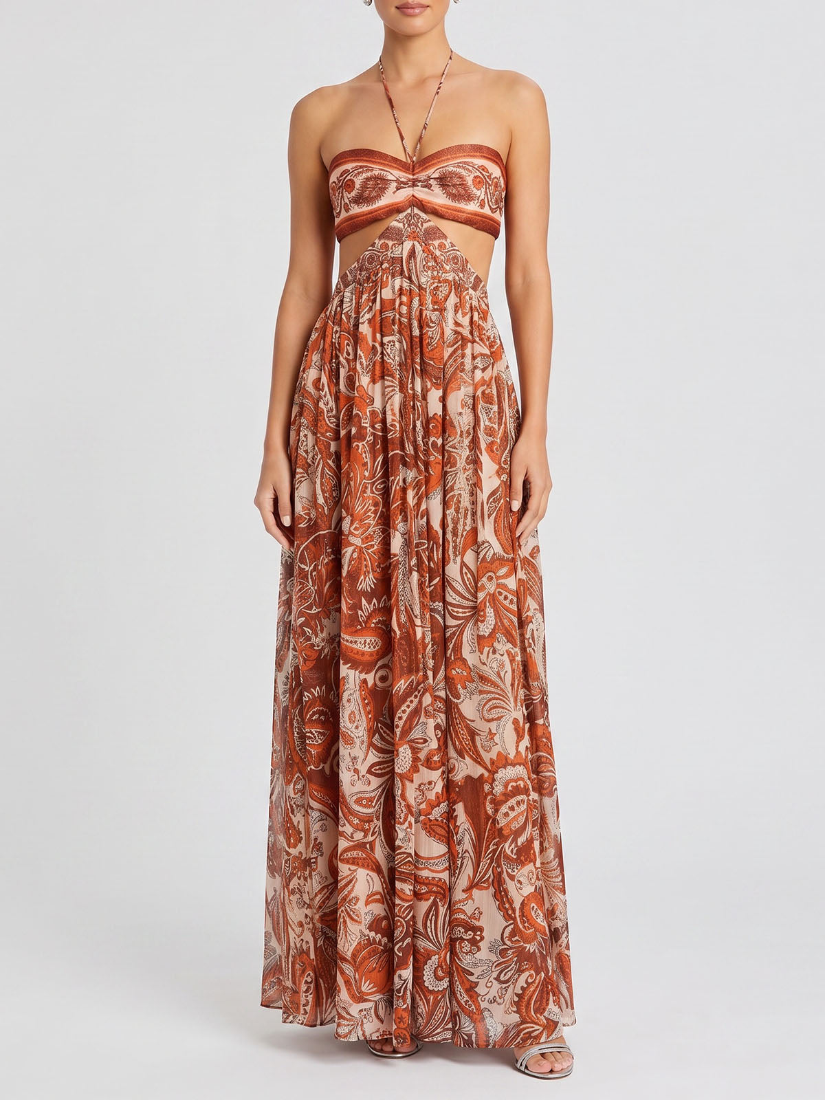 Sparkly Lurex Halter Cutout Waist Paisley Print Maxi Dress - Floral